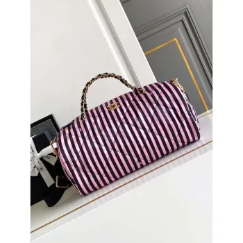 Chanel AS4696 Large Bowling Bag Printed Fabric & Gold Tone Metal Black & Pink