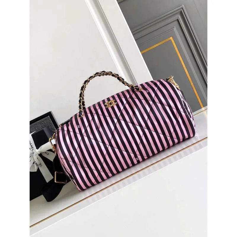 Chanel AS4696 Large Bowling Bag Printed Fabric & Gold Tone Metal Black & Pink