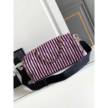 Chanel AS4696 Large Bowling Bag Printed Fabric & Gold Tone Metal Black & Pink