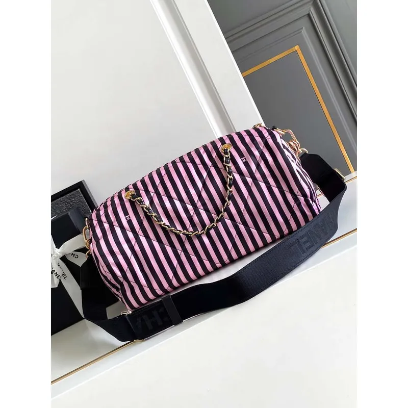 Chanel AS4696 Large Bowling Bag Printed Fabric & Gold Tone Metal Black & Pink