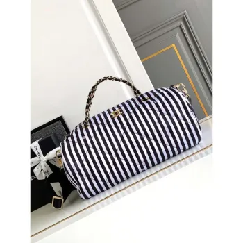 Chanel AS4696 Large Bowling Bag Printed Fabric & Gold Tone Metal White & Black