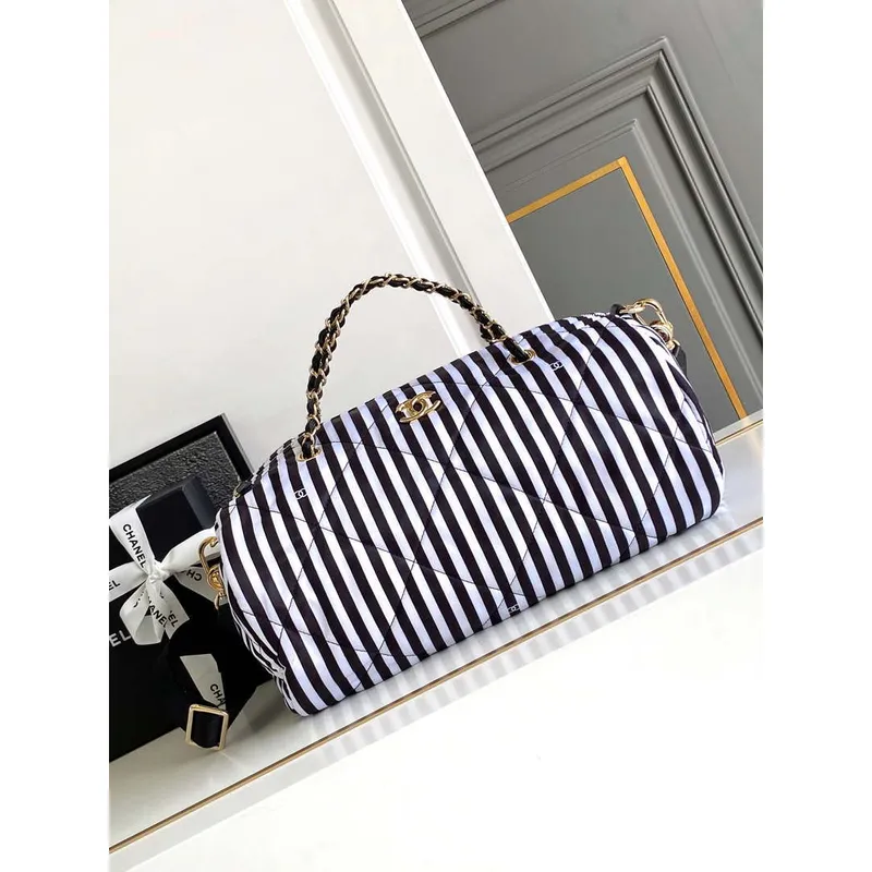 Chanel AS4696 Large Bowling Bag Printed Fabric & Gold Tone Metal White & Black