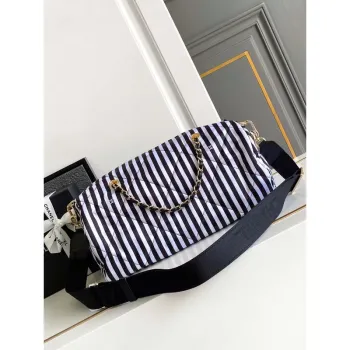 Chanel AS4696 Large Bowling Bag Printed Fabric & Gold Tone Metal White & Black