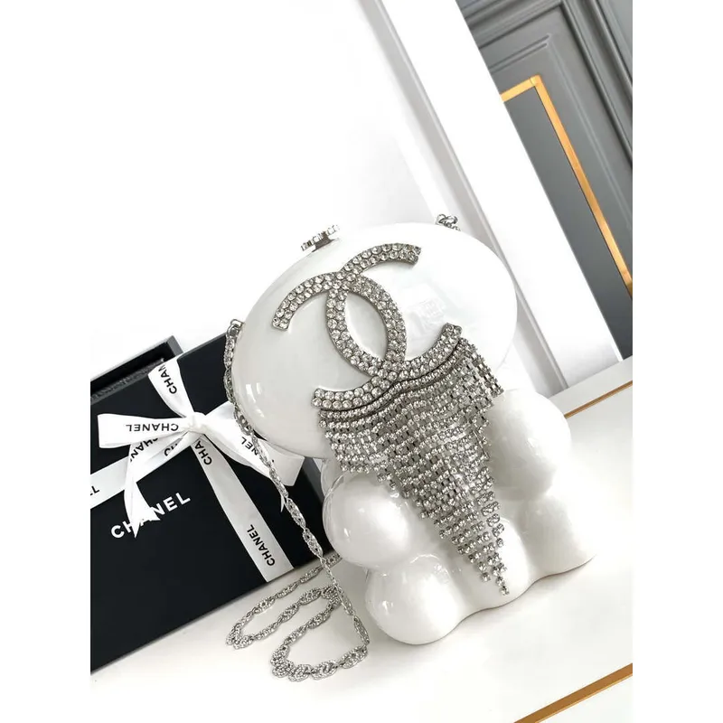 Chanel A88990 Evening Resin Crystal Chain Fringe CC Oval Minaudiere