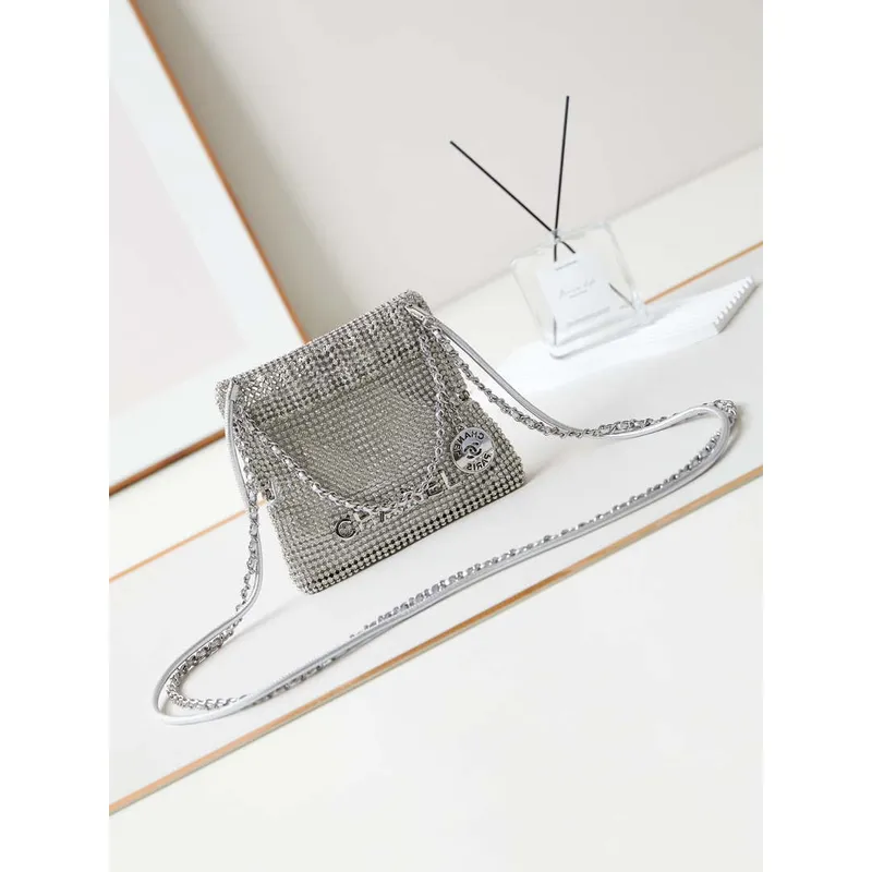 Chanel AS4894 Mini Handbag 22 bag evening bag Strass Silver Tone Metal Silver