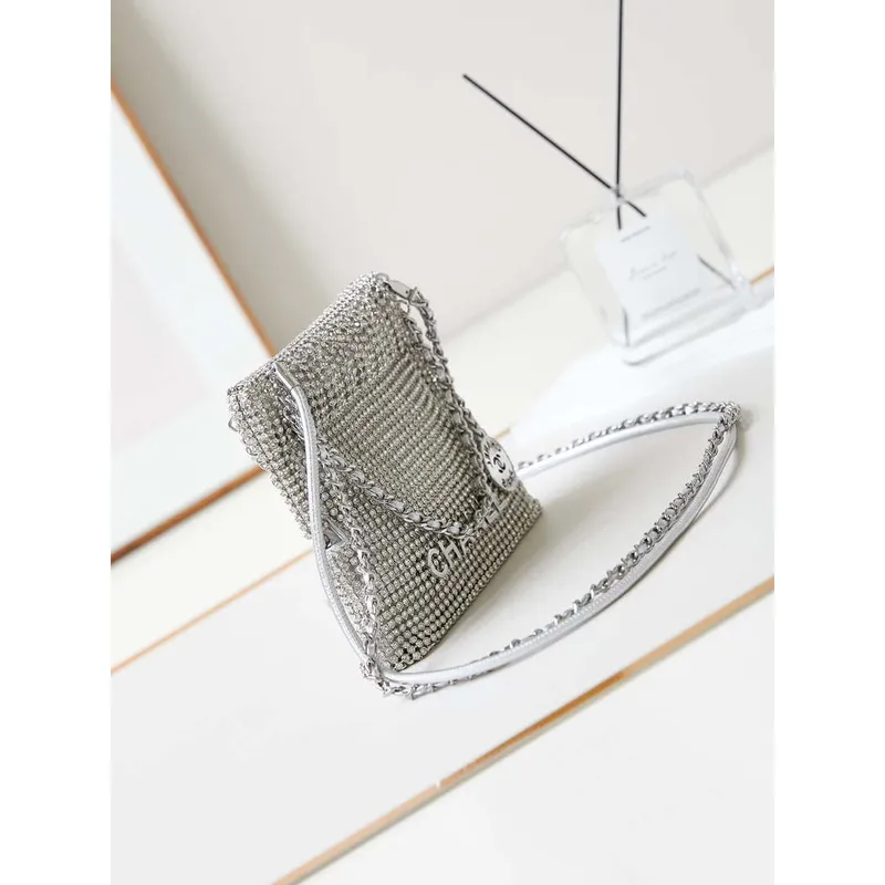 Chanel AS4894 Mini Handbag 22 bag evening bag Strass Silver Tone Metal Silver
