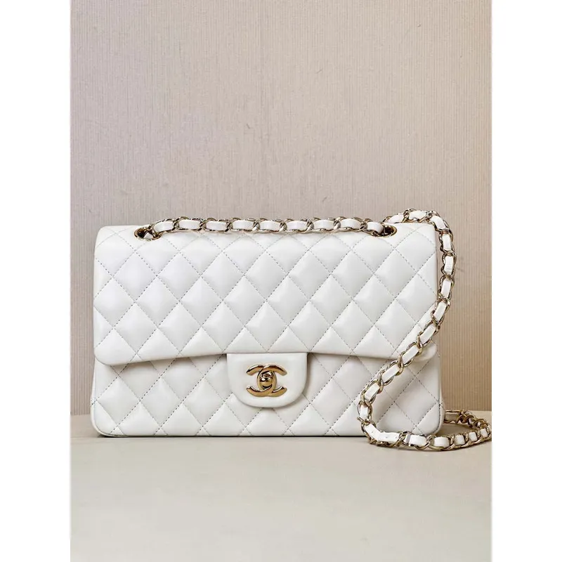 Chanel A01112 Flap Classic 11.12 Handbag Lambskin & Gold Tone Metal White