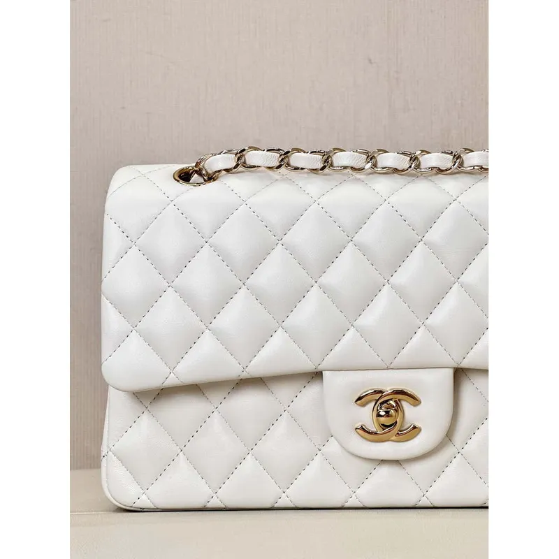 Chanel A01112 Flap Classic 11.12 Handbag Lambskin & Gold Tone Metal White