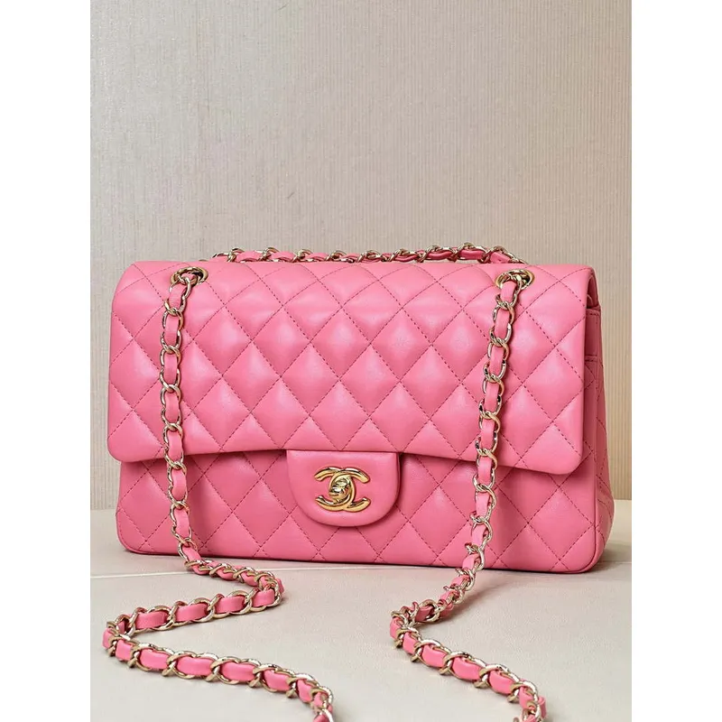 Chanel A01112 Flap Classic 11.12 Handbag Lambskin & Gold Tone Metal Rose Pink