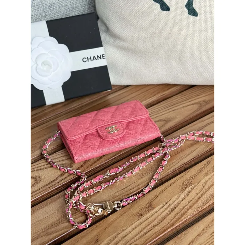 Chanel A81081 Wallet on Chain Shiny Calfskin Rose Red