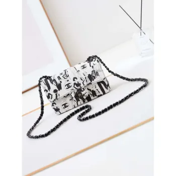 Chanel A69900 Mini Flap AS1116 White Fabric with Black Printed