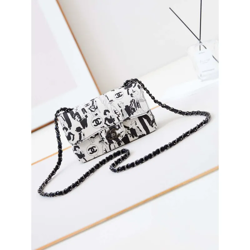 Chanel A69900 Mini Flap AS1116 White Fabric with Black Printed