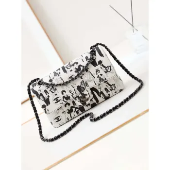 Chanel A01112 Flap White Fabric with Black Printed