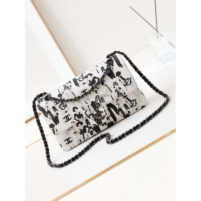 Chanel A01112 Flap White Fabric with Black Printed