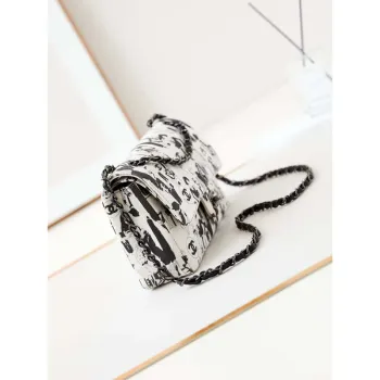 Chanel A01112 Flap White Fabric with Black Printed