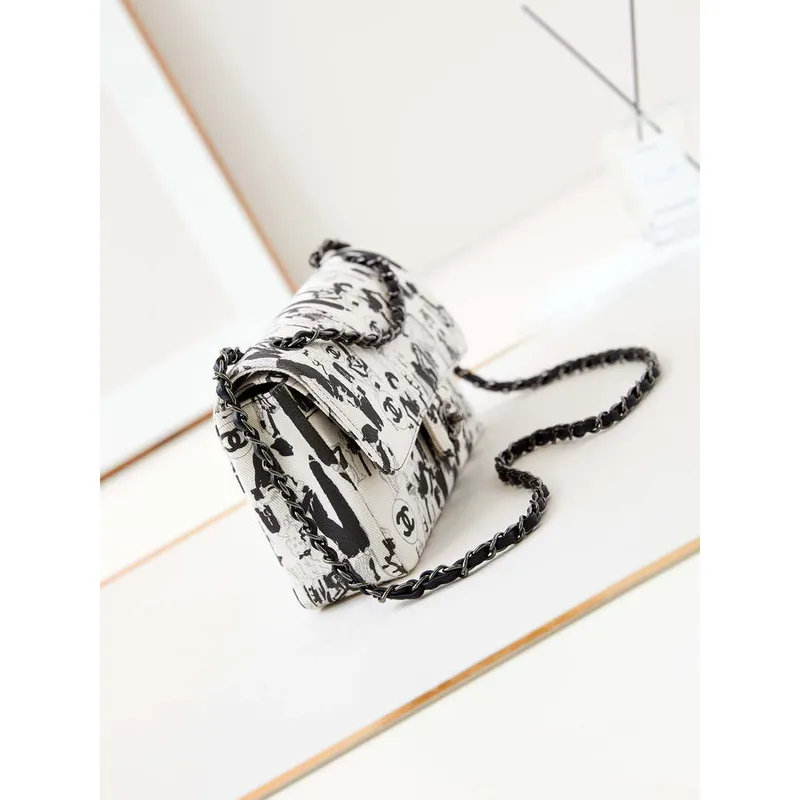 Chanel A01112 Flap White Fabric with Black Printed