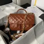 Chanel AS4993 Flap Bag with Top Handle Shiny Lambskin & Gold Tone Metal Brown