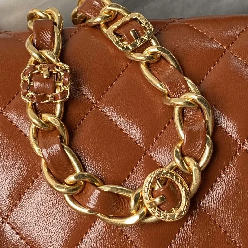Chanel AS4993 Flap Bag with Top Handle Shiny Lambskin & Gold Tone Metal Brown