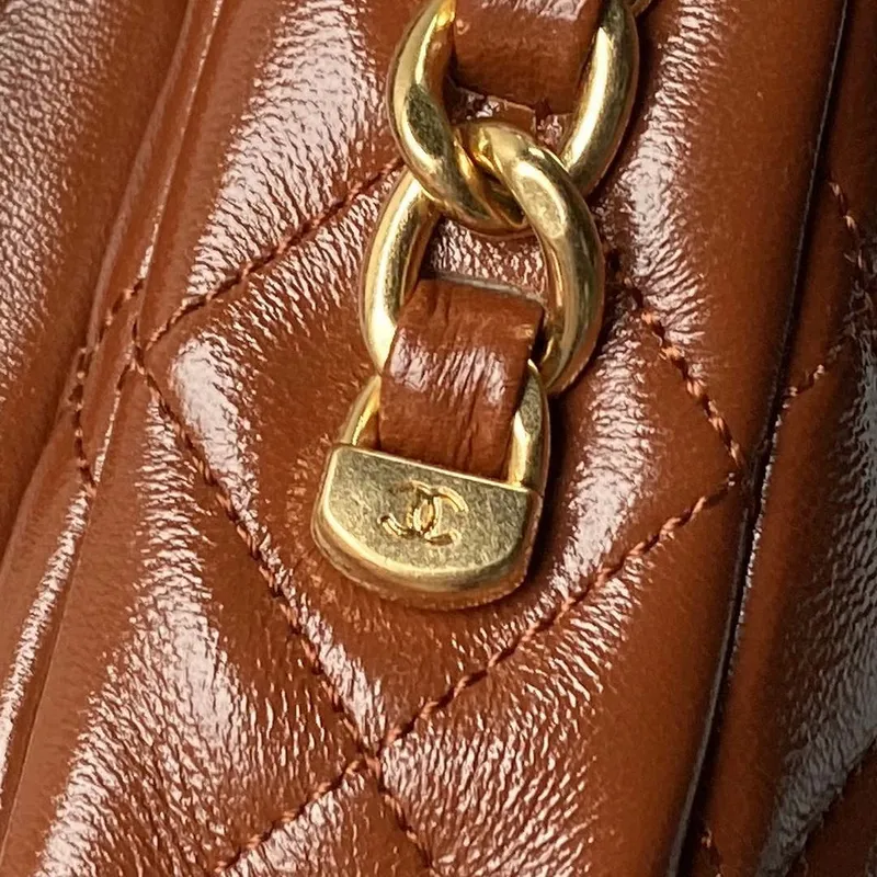 Chanel AS4993 Flap Bag with Top Handle Shiny Lambskin & Gold Tone Metal Brown