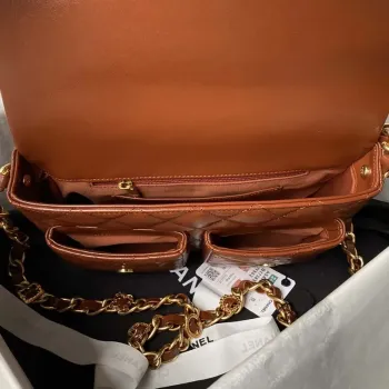 Chanel AS4993 Flap Bag with Top Handle Shiny Lambskin & Gold Tone Metal Brown