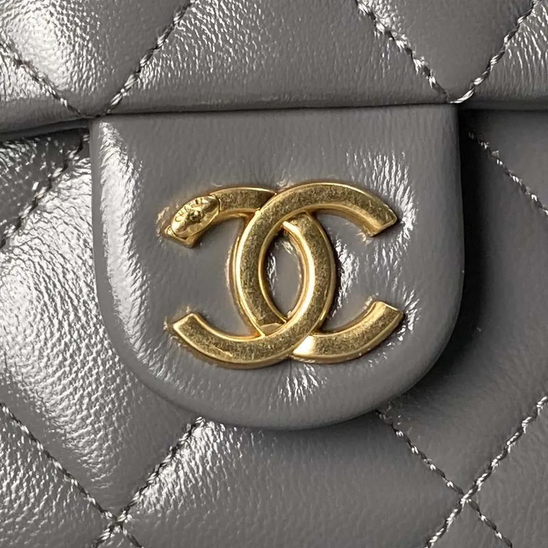 Chanel AS4993 Flap Bag with Top Handle Shiny Lambskin & Gold Tone Metal Gray