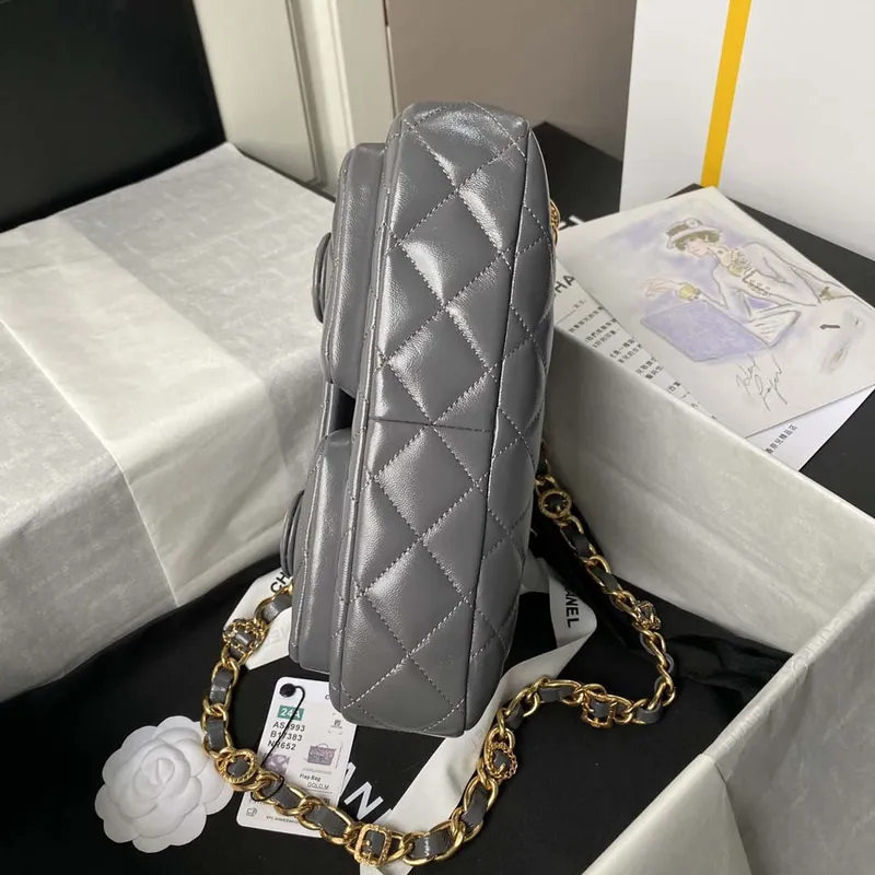 Chanel AS4993 Flap Bag with Top Handle Shiny Lambskin & Gold Tone Metal Gray