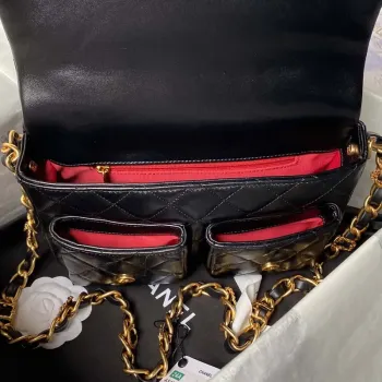 Chanel AS4993 Flap Bag with Top Handle Shiny Lambskin & Gold Tone Metal Black