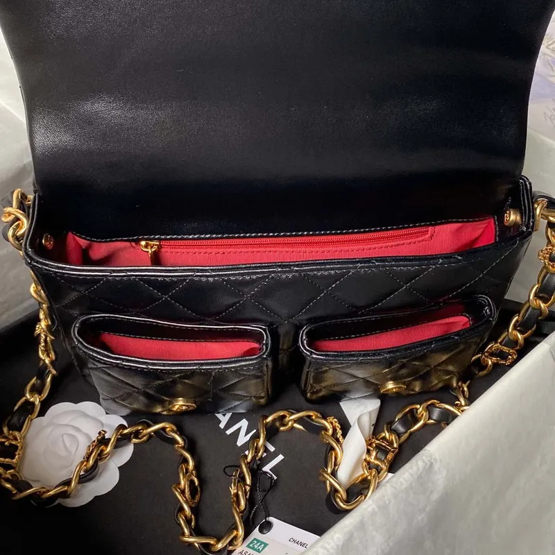 Chanel AS4993 Flap Bag with Top Handle Shiny Lambskin & Gold Tone Metal Black