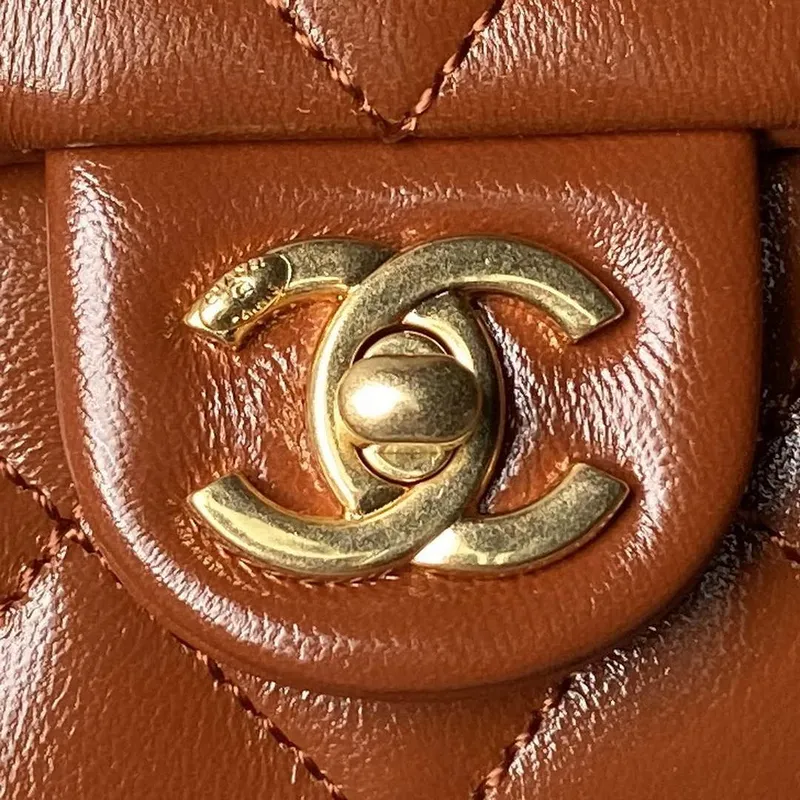 Chanel AS4992 Mini Flap Bag with Top Handle Shiny Lambskin & Gold Tone Metal Brown