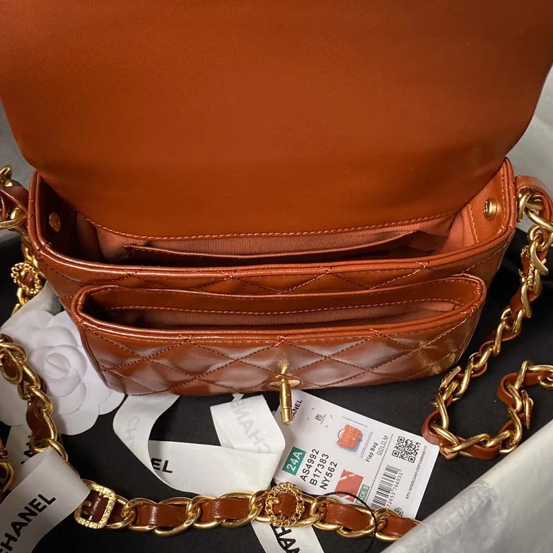 Chanel AS4992 Mini Flap Bag with Top Handle Shiny Lambskin & Gold Tone Metal Brown