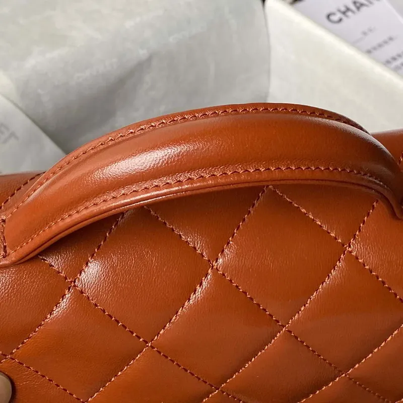 Chanel AS4992 Mini Flap Bag with Top Handle Shiny Lambskin & Gold Tone Metal Brown