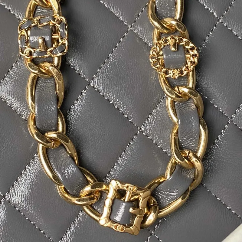 Chanel AS4992 Mini Flap Bag with Top Handle Shiny Lambskin & Gold Tone Metal Gray