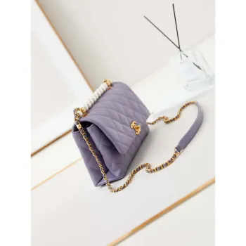 Chanel AS4997 Flap Bag with top Handle Shiny Lambskin  Imitation Pearls & Gold Tone Metal Purple