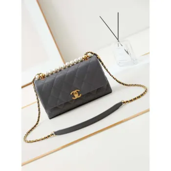Chanel AS4997 Flap Bag with top Handle Shiny Lambskin  Imitation Pearls & Gold Tone Metal Gray