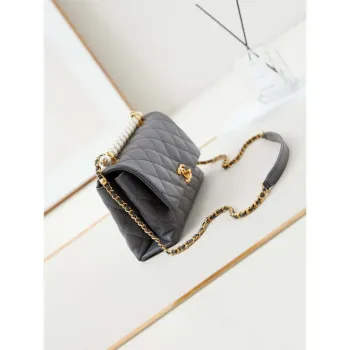 Chanel AS4997 Flap Bag with top Handle Shiny Lambskin  Imitation Pearls & Gold Tone Metal Gray