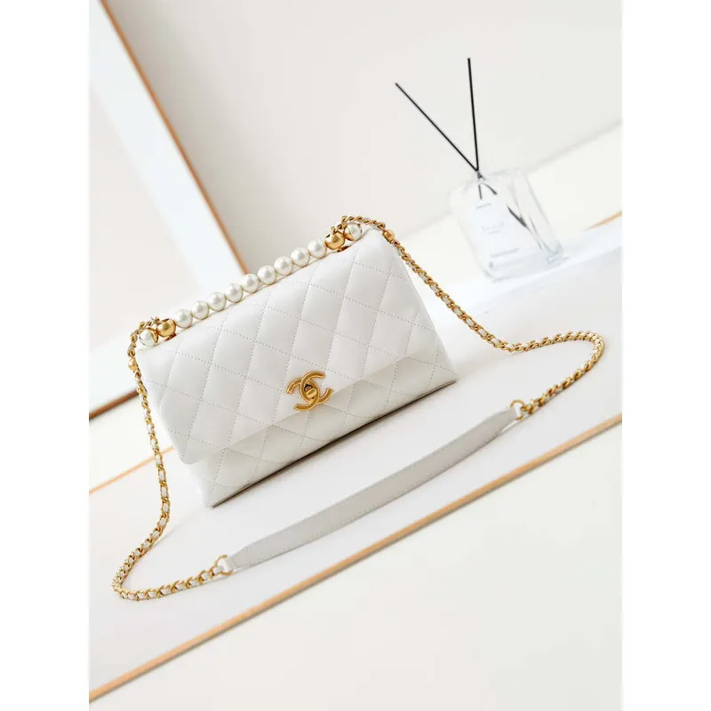 Chanel AS4997 Flap Bag with top Handle Shiny Lambskin  Imitation Pearls & Gold Tone Metal White