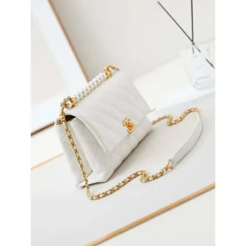 Chanel AS4997 Flap Bag with top Handle Shiny Lambskin  Imitation Pearls & Gold Tone Metal White