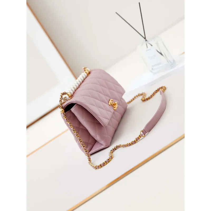 Chanel AS4997 Flap Bag with top Handle Shiny Lambskin  Imitation Pearls & Gold Tone Metal Pink
