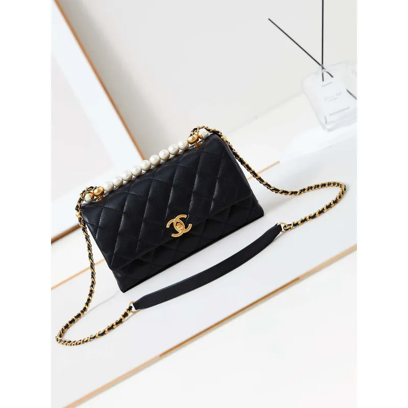 Chanel AS4997 Flap Bag with top Handle Shiny Lambskin  Imitation Pearls & Gold Tone Metal Black