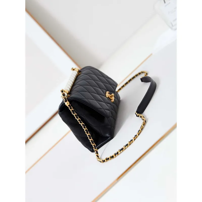 Chanel AS4997 Flap Bag with top Handle Shiny Lambskin  Imitation Pearls & Gold Tone Metal Black