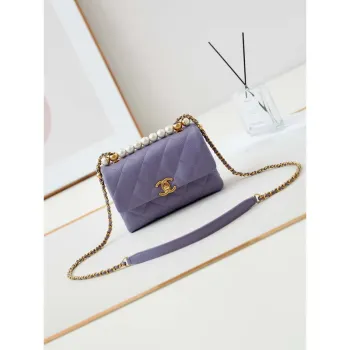 Chanel AS5001 Mini Flap Bag with top Handle Shiny Lambskin  Imitation Pearls & Gold Tone Metal Purple