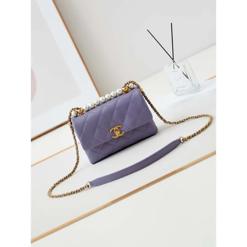 Chanel AS5001 Mini Flap Bag with top Handle Shiny Lambskin  Imitation Pearls & Gold Tone Metal Purple