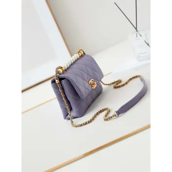 Chanel AS5001 Mini Flap Bag with top Handle Shiny Lambskin  Imitation Pearls & Gold Tone Metal Purple