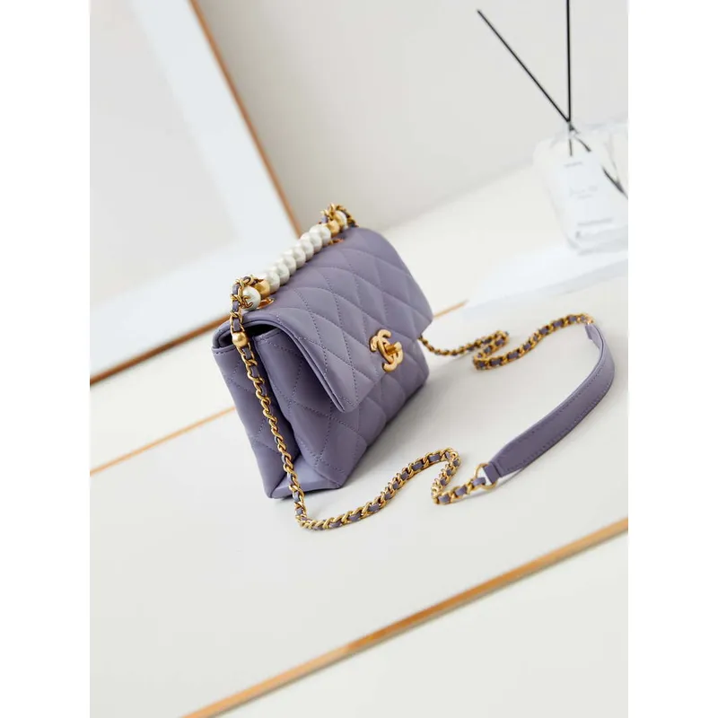 Chanel AS5001 Mini Flap Bag with top Handle Shiny Lambskin  Imitation Pearls & Gold Tone Metal Purple