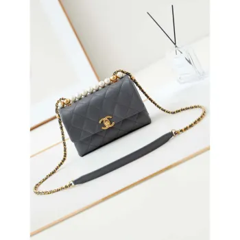 Chanel AS5001 Mini Flap Bag with top Handle Shiny Lambskin  Imitation Pearls & Gold Tone Metal Grey