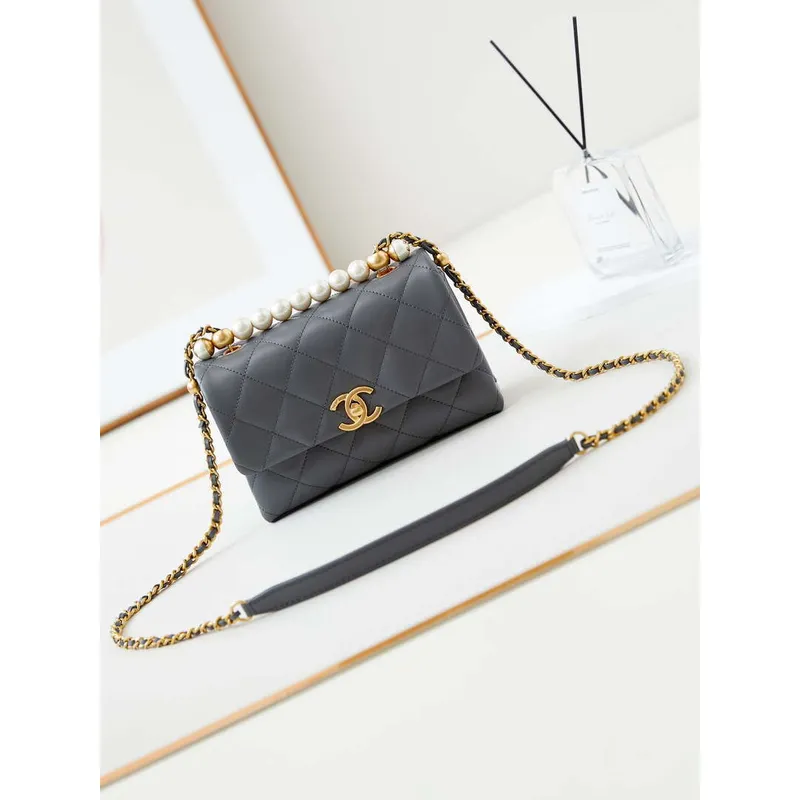 Chanel AS5001 Mini Flap Bag with top Handle Shiny Lambskin  Imitation Pearls & Gold Tone Metal Grey