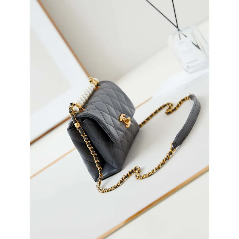 Chanel AS5001 Mini Flap Bag with top Handle Shiny Lambskin  Imitation Pearls & Gold Tone Metal Grey