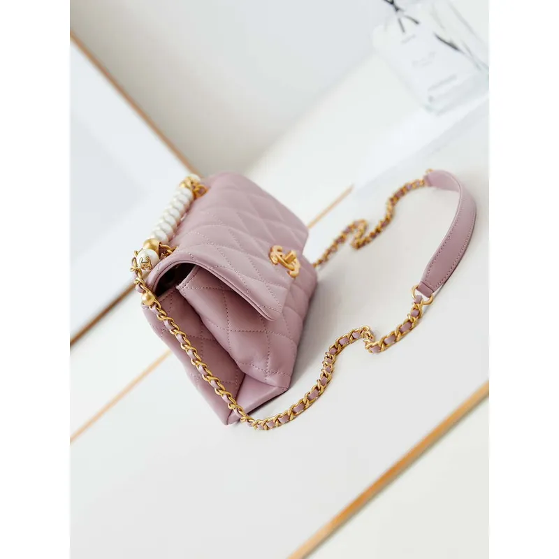 Chanel AS5001 Mini Flap Bag with top Handle Shiny Lambskin  Imitation Pearls & Gold Tone Metal Pink