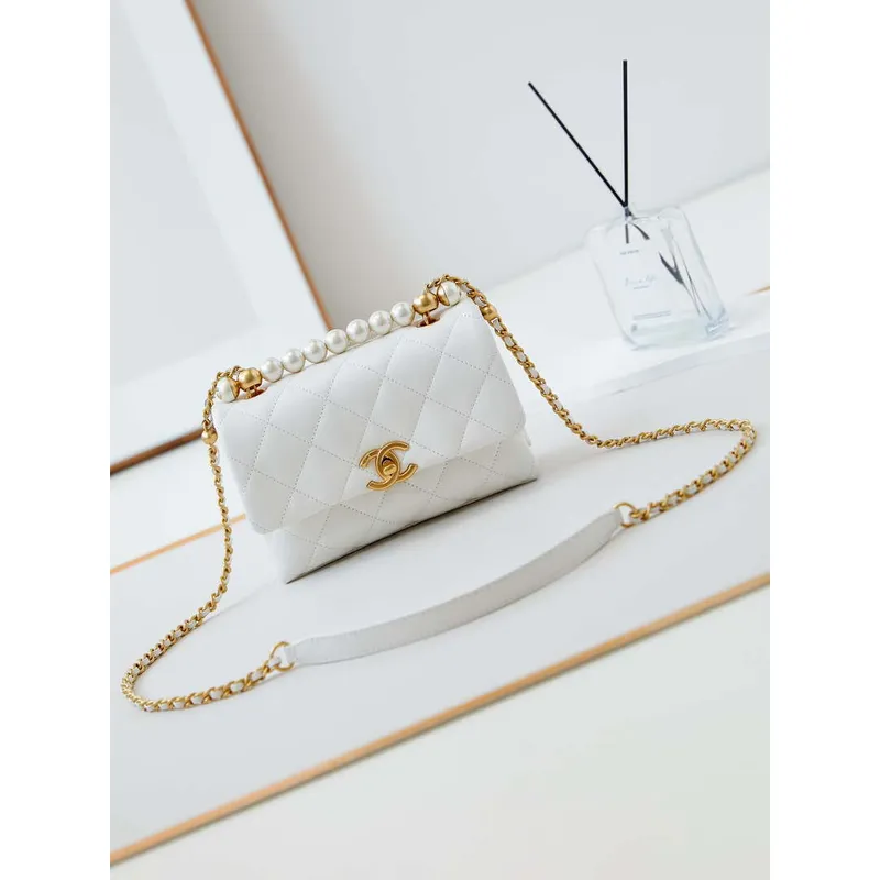 Chanel AS5001 Mini Flap Bag with top Handle Shiny Lambskin  Imitation Pearls & Gold Tone Metal White