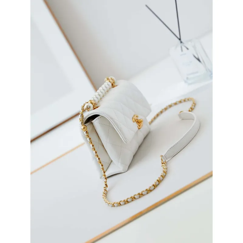 Chanel AS5001 Mini Flap Bag with top Handle Shiny Lambskin  Imitation Pearls & Gold Tone Metal White